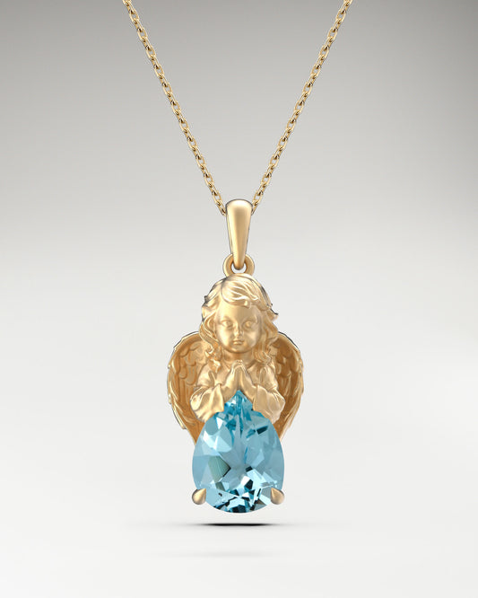 Angel necklace in 10k Gold and aquamarine