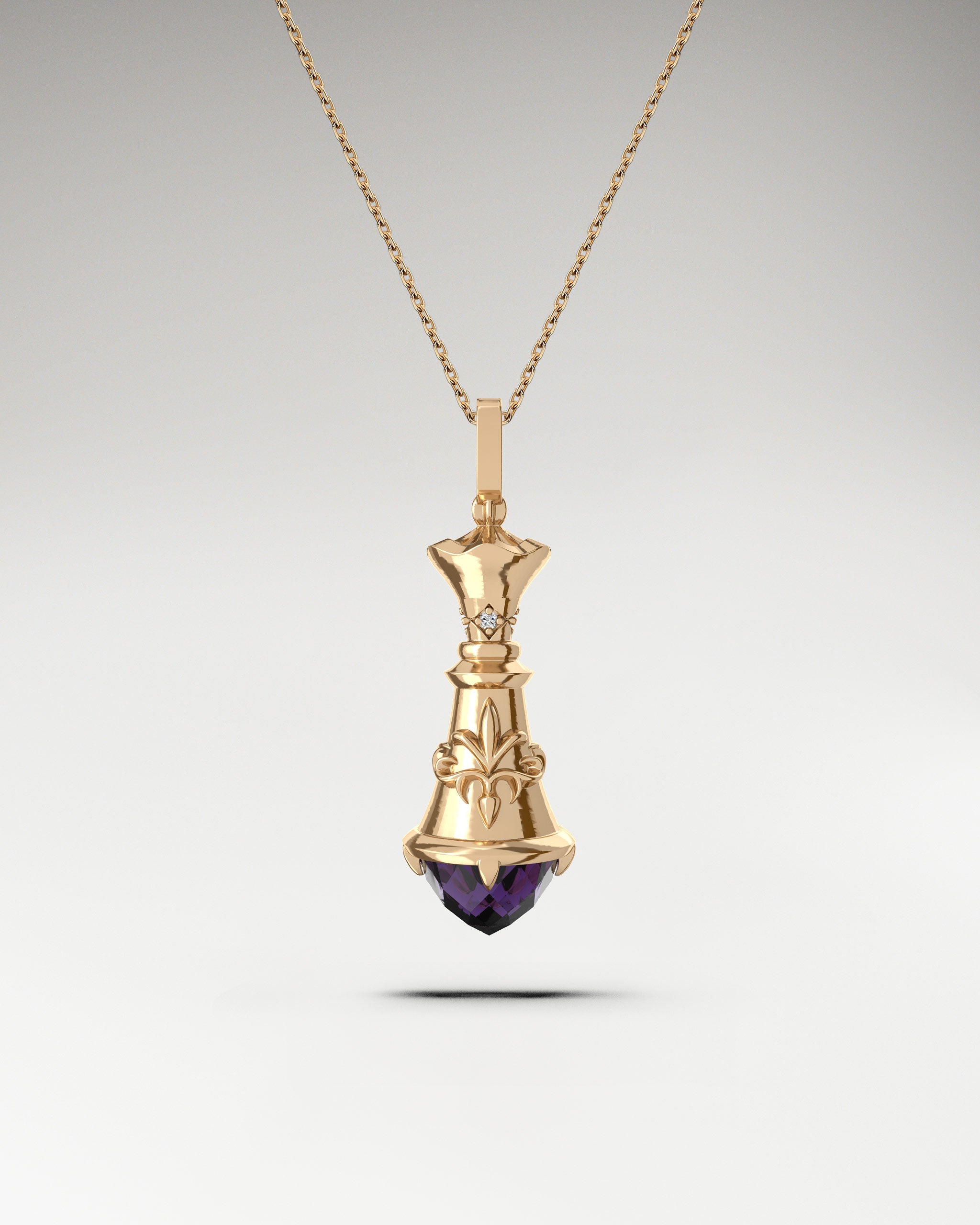 Chess Queen Pendant in 10k gold with diamond and spinel