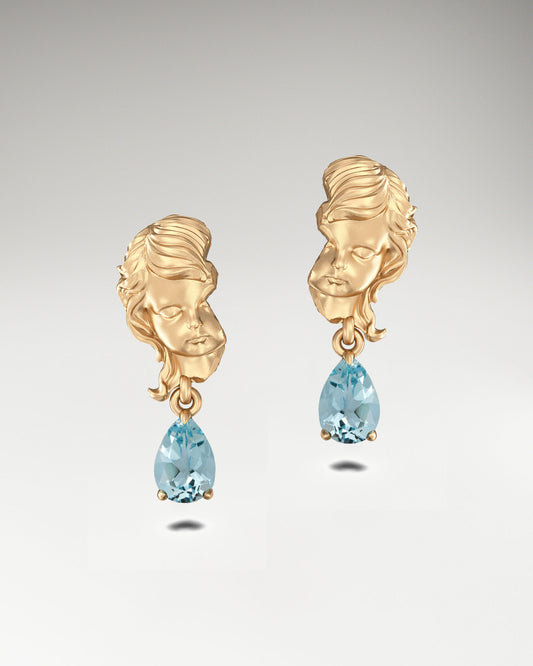 Cupid dangle earrings in 10k gold with aquamarine