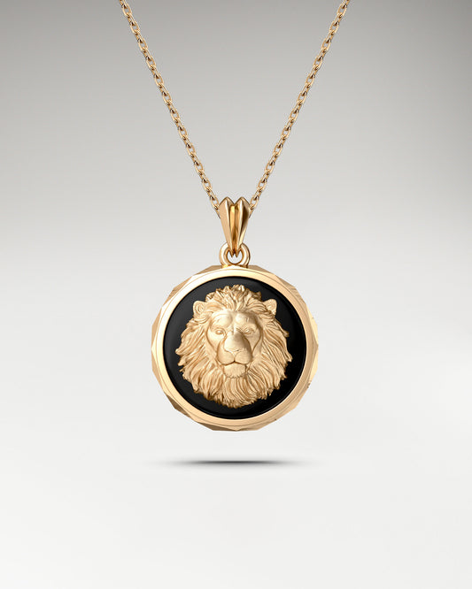 Lion Pendant Necklace in 10k Gold and Black onyx