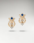 Load image into Gallery viewer, Lyre stud earrings made in gold with diamonds and sapphire
