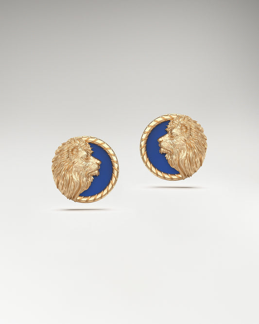 Pendientes de botón Prairie Lion en oro con esmalte azul