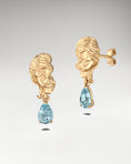 Load image into Gallery viewer, gold cupid angel dangle earrings with aquamarine gemstone
