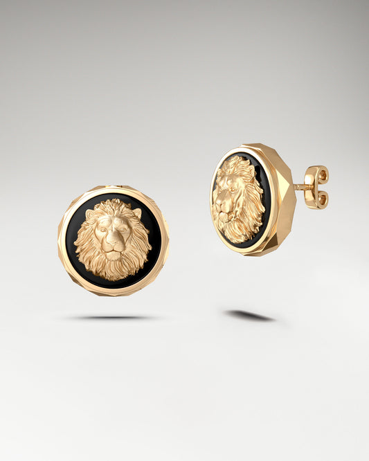 golden lion face stud earrings in 10 k gold with agate gemstone