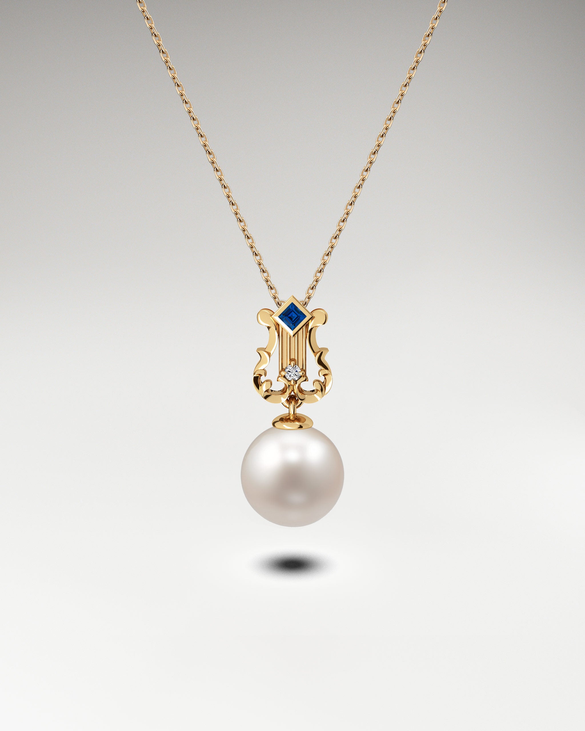 lyre Pendant Necklace in 10k Gold with pearl