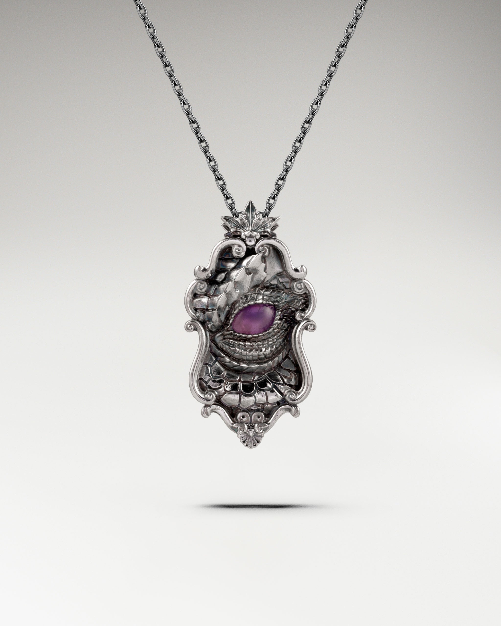 Noir Dragon Gaze Pendant In Sterling Silver With Amethyst